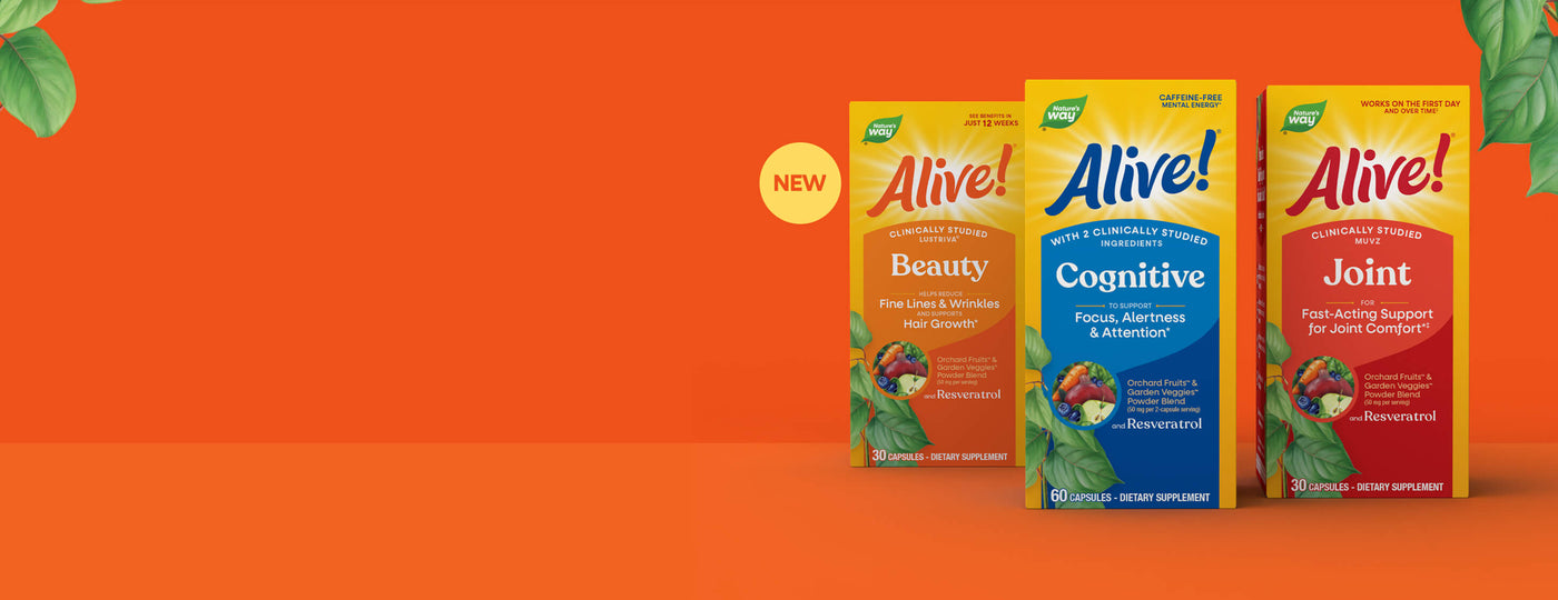 Three 'Alive!' supplement boxes on an orange background