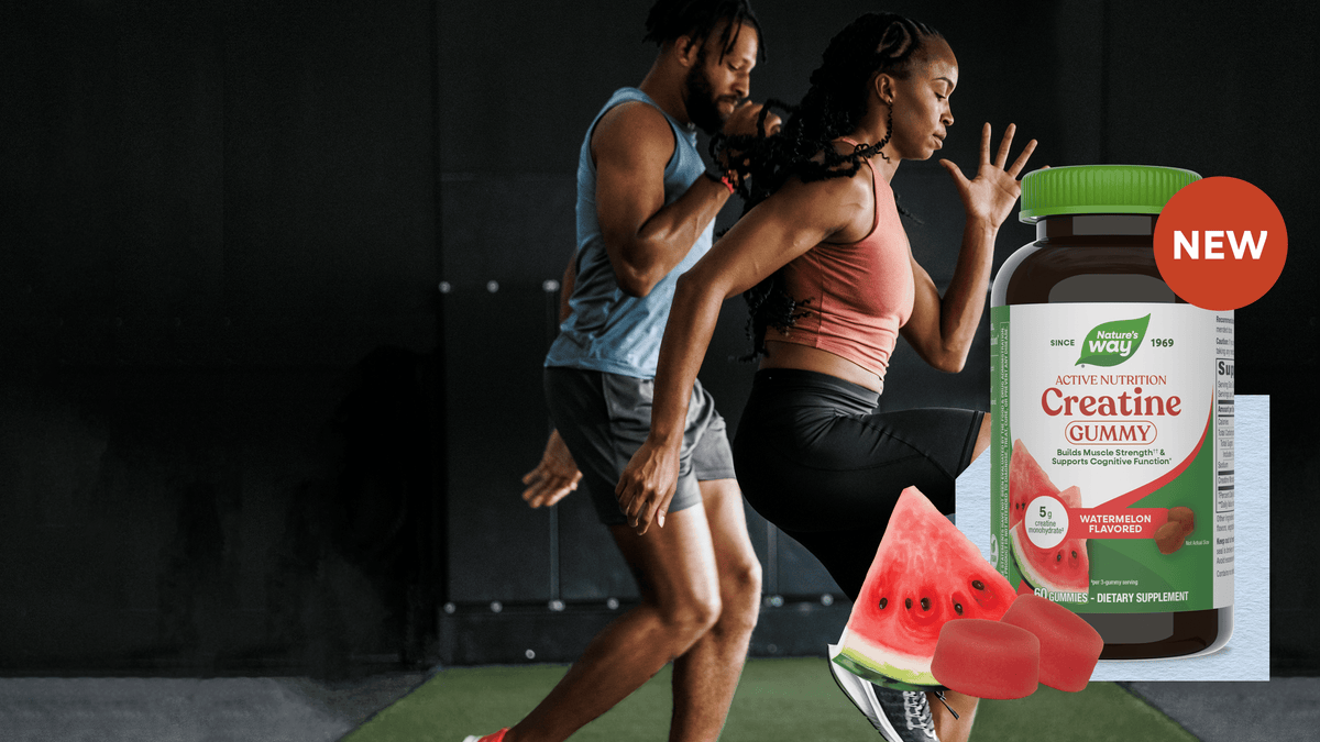 A bottle of Creatine Gummy supplements is shown in a promotional composite with two people exercising in a gym, watermelon slices, and a red 'NEW' badge.