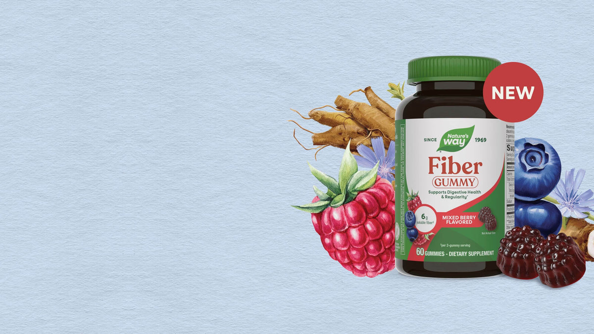 Fiber gummy with illustrated fruit and roots
