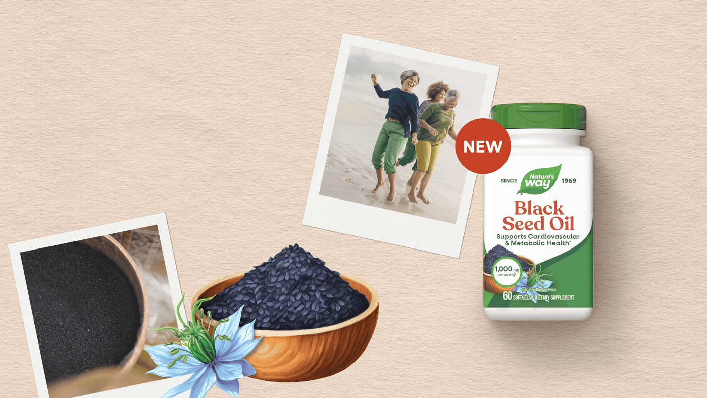 A bottle of Black Seed Oil next to a bowl filled with black seeds, styled on a textured beige background with two Polaroid-style photos and a red 'NEW' sticker.