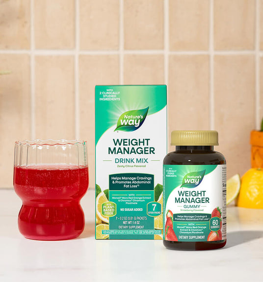 Nature's Way Weight Manager supplement products on a countertop with a tiled wall background.
