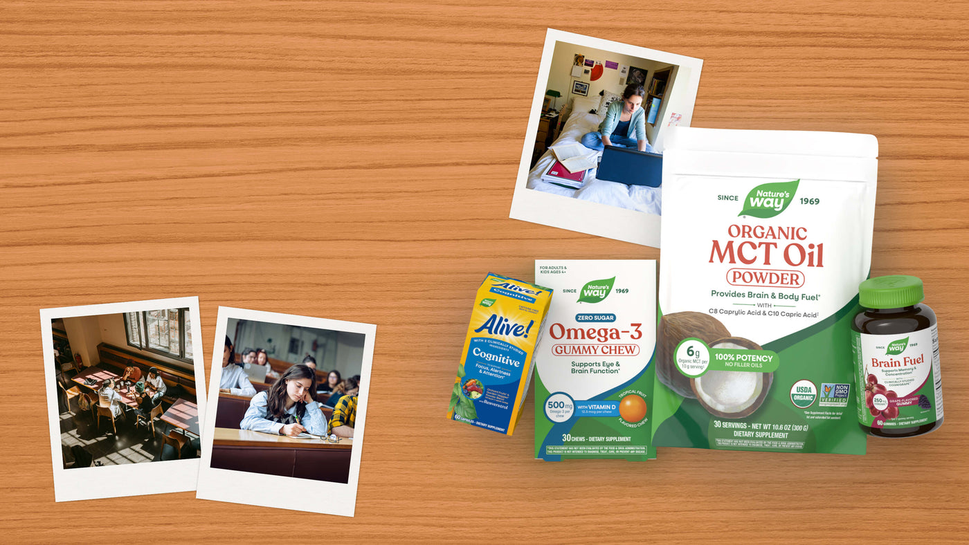A collection of health and wellness products arranged on a light brown wood-grain background, including Organic MCT Oil Powder, Omega-3 chews, and Brain Fuel, alongside three Polaroid-style photos showing students in a classroom.