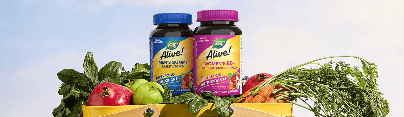 Alive! multivitamins in a picnic basket of superfoods