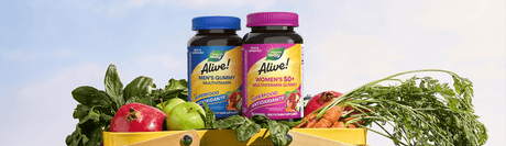 Alive! multivitamins in a picnic basket of superfoods
