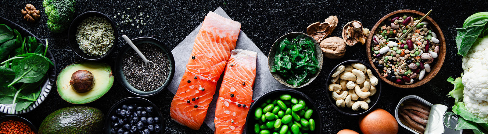 Foods that have high protein content like salmon, avocados, chia seeds, etc.