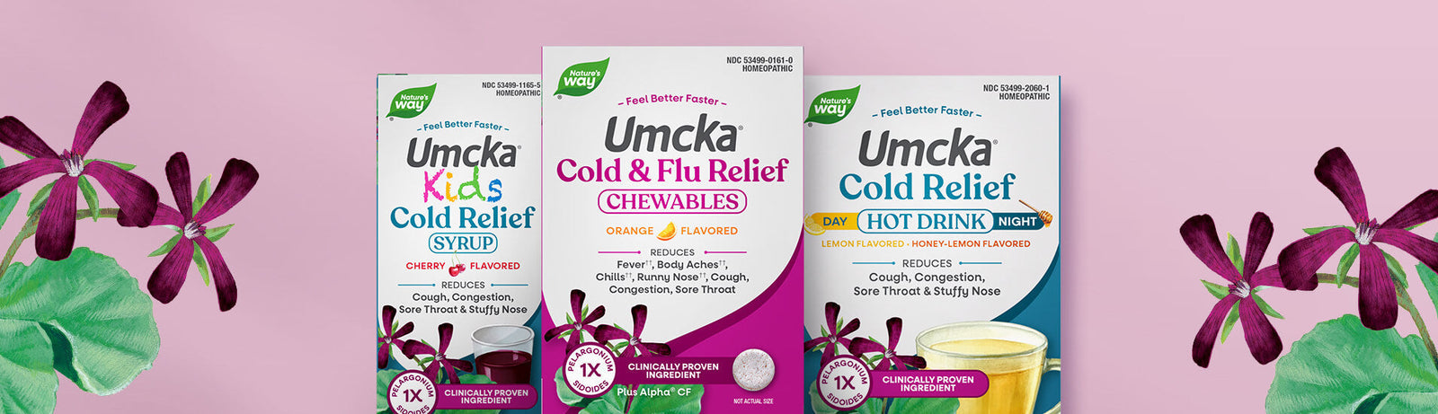 Umcka Cold Relief and Cold+Flu Relief products on pink background with South African Geranium (Umcka) illustrations 