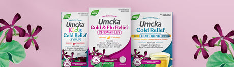 Umcka Cold Relief and Cold+Flu Relief products on pink background with South African Geranium (Umcka) illustrations 