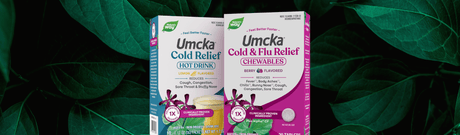 Umcka Cold and Flue Relief products on green leafy background