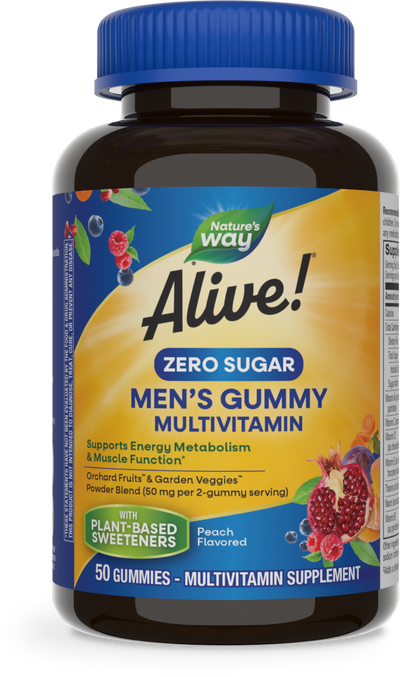 <{%PRIMARY_14620%}>Nature's Way® | Alive! Zero Sugar Men's Gummy Multivitamin, 50 gummies, Peach