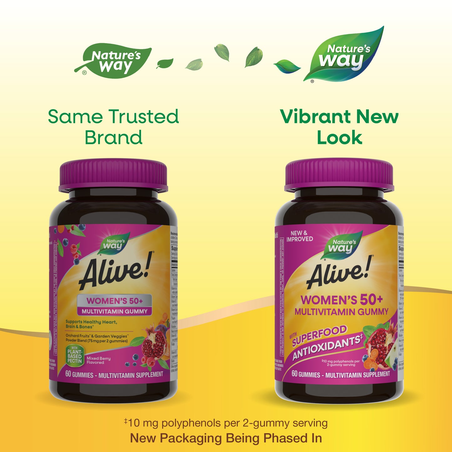 <{%MAIN15_15904%}>Nature's Way® | Alive! Women's 50+ Gummy Multivitamin - package updates old to new