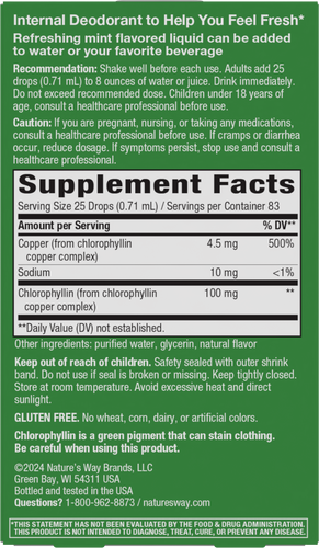 Nature's Way® | Chlorofresh Chlorophyll Drops - back of pack Sku:10008