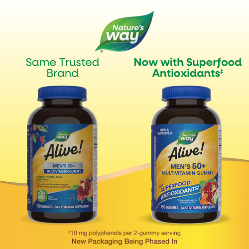 Nature's Way® | Alive! Men's 50+ Gummy Multivitamin - package updates old to new Sku:14067