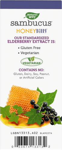 Nature's Way® | Sambucus HoneyBerry Cough Syrup - back of pack Sku:13313