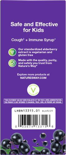 Nature's Way® | Sambucus Kids Cough + Immune Elderberry Syrup - back of pack Sku:13315