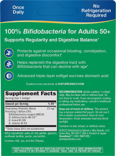 Nature's Way® | Probiotic Pearls Adults 50+ - back of pack Sku:10510
