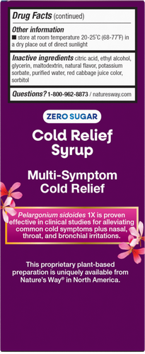 Nature's Way® | Umcka Zero Sugar Cold Relief Syrup - back of pack Sku:15794