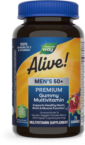 Nature's Way® | Alive! Premium Men's 50+ Gummy Multivitamin, 75 gummies, Orange, Grape, and Cherry Sku:15898