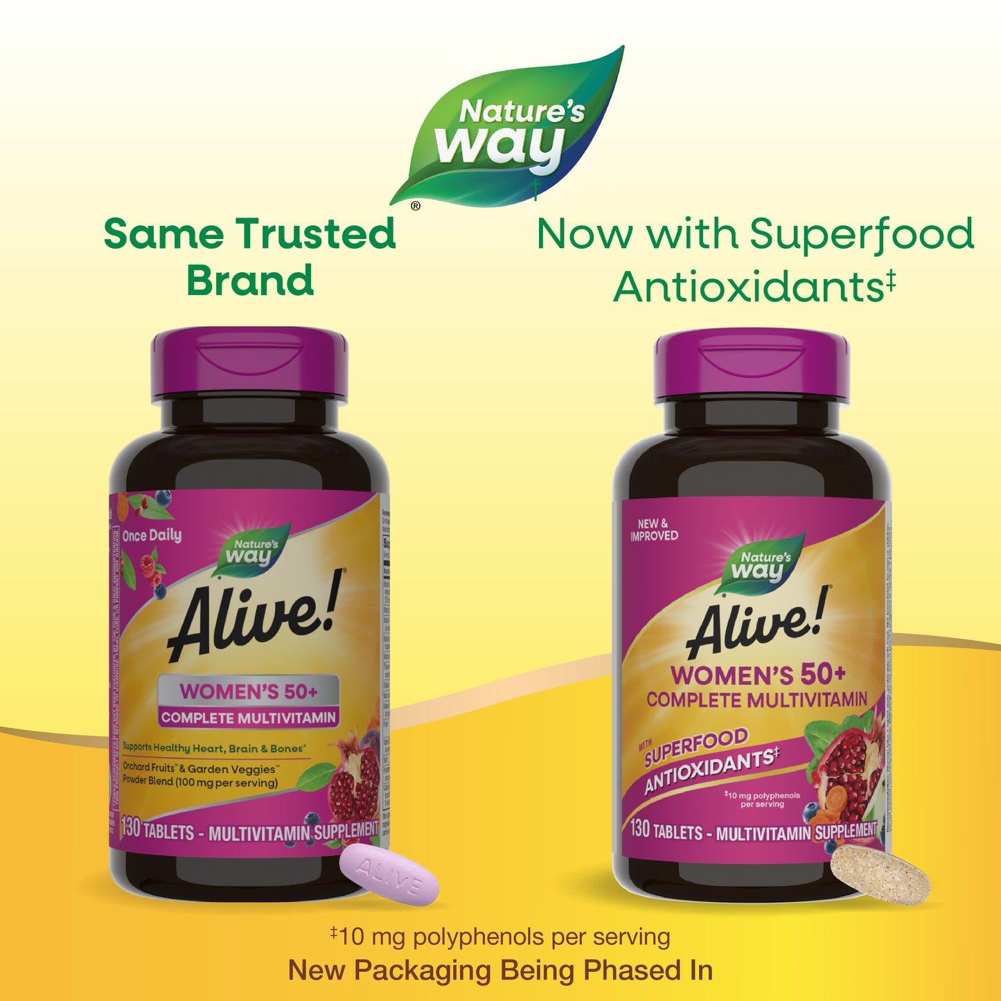 <{%MAIN16_14210%}>Nature's Way® | Alive! Women's 50+ Complete Multivitamin - package updates old to new