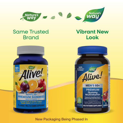 Nature's Way® | Alive! Premium Men's 50+ Gummy Multivitamin - package updates old to new Sku:15898