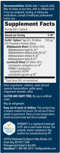 Nature's Way® | Fortify Optima Adult 50+ 50 Billion Probiotic - right side of pack Sku:10762