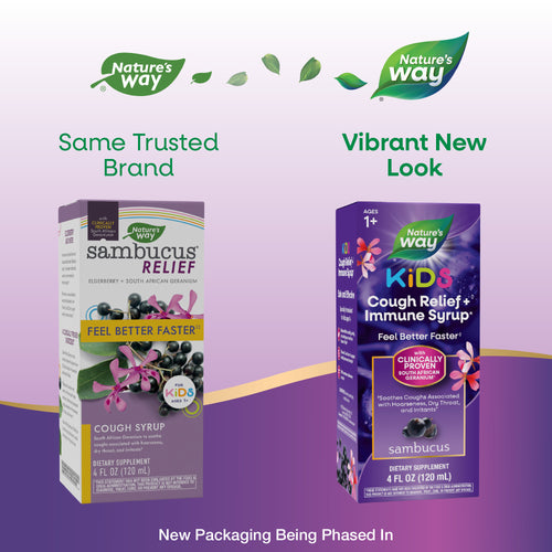 Nature's Way® | Sambucus Kids Cough Relief + Immune Syrup - package updates old to new Sku:13671