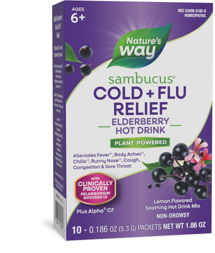 Nature's Way® | Sambucus Cold+Flu Relief Elderberry Hot Drink, 10 drink mixes, Lemon Sku:15182