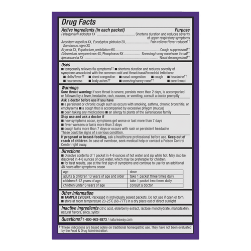 Nature's Way® | Sambucus Cold+Flu Relief Elderberry Hot Drink - back of pack Sku:15182