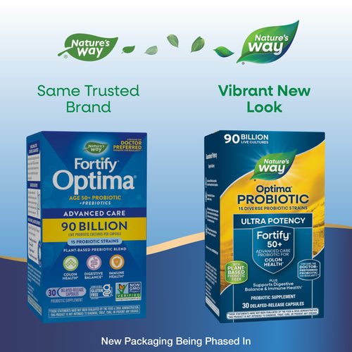 Nature's Way® | Fortify Optima Age 50+ Advanced Care 90 Billion Probiotic - package updates old to new Sku:15785