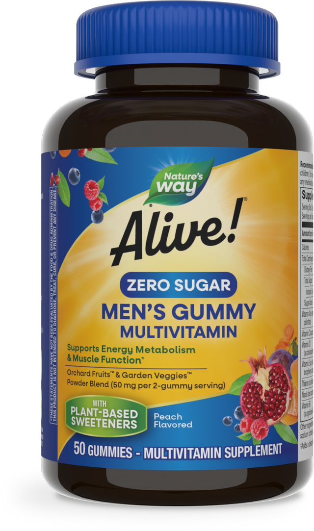 <{%PRIMARY_14620E%}>Nature's Way® | Alive! Zero Sugar Men's Gummy Multivitamin, 50 gummies, Peach