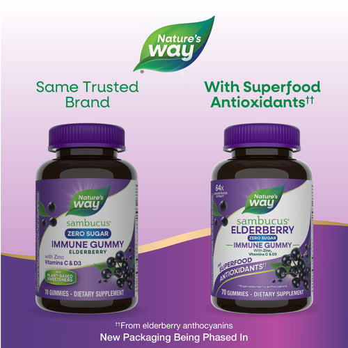 Nature's Way® | Sambucus Elderberry Zero Sugar Immune Gummy - package updates old to new Sku:14617