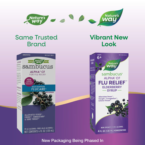 Nature's Way® | Sambucus Flu Relief Elderberry Syrup - package updates old to new Sku:15803