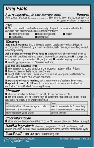 Nature's Way® | Umcka Kids Cold Relief Chewables - back of pack Sku:12351