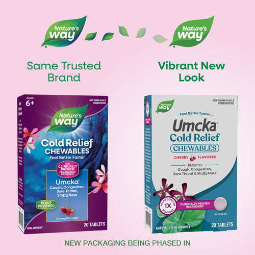 Nature's Way® | Umcka Cold Relief Chewables - package updates old to new Sku:15144