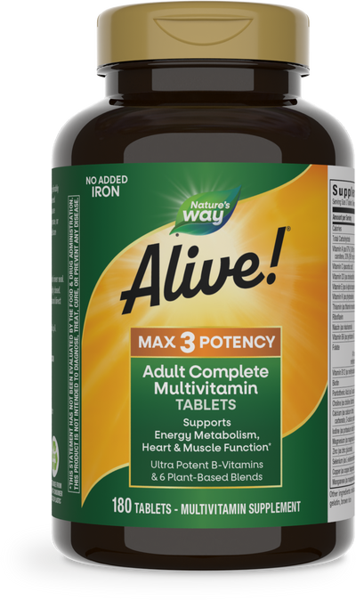 <{%PRIMARY_14932%}>Nature's Way® | Alive! Max3 Potency Adult Complete Multivitamin-No Added Iron, 180 tablets
