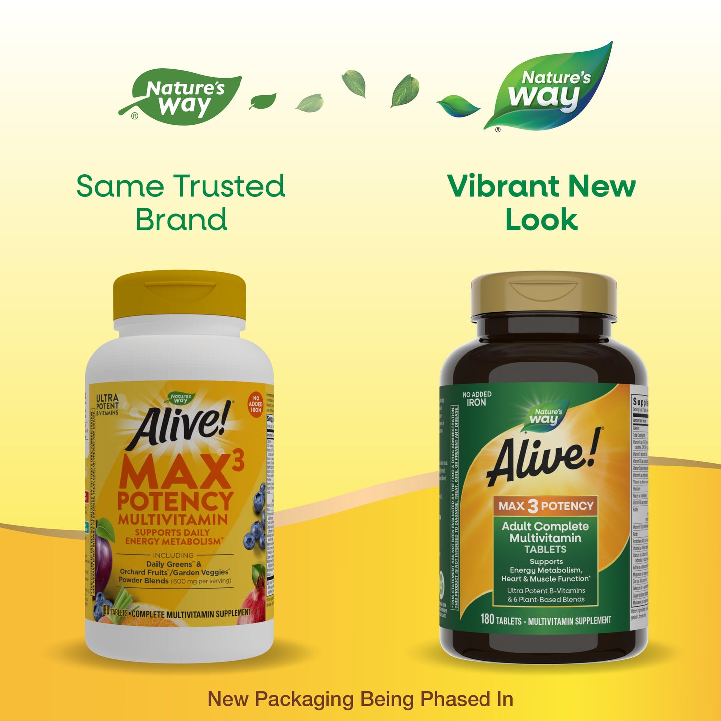 <{%MAIN1_14932%}>Nature's Way® | Alive! Max3 Potency Adult Complete Multivitamin-No Added Iron - package updates old to new