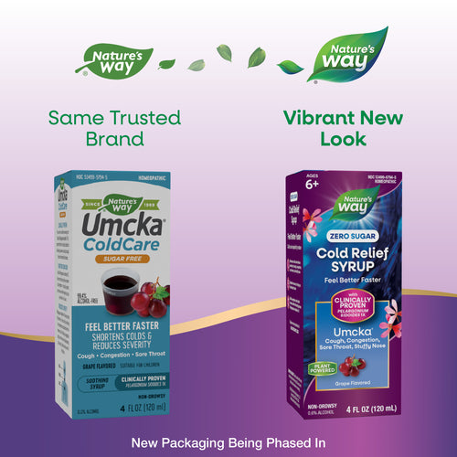 Nature's Way® | Umcka Zero Sugar Cold Relief Syrup - package updates old to new Sku:15794