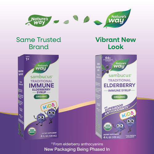Nature's Way® | Sambucus Organic Traditional Immune Elderberry Syrup for Kids - package updates old to new Sku:15797