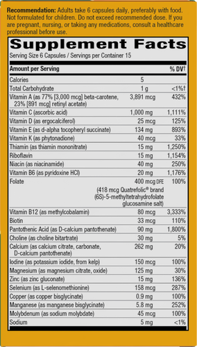 Nature's Way® | Alive! Max6 Potency Adult Complete Multivitamin-No Added Iron - right side of pack Sku:15092