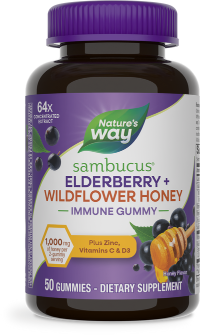 <{%PRIMARY_15761%}>Nature's Way® | Sambucus Elderberry + Wildflower Honey Immune Gummy, 50 gummies, Honey
