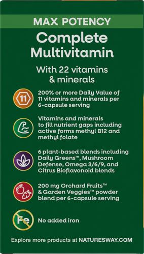 Nature's Way® | Alive! Max6 Potency Adult Complete Multivitamin-No Added Iron - left side of pack Sku:15092