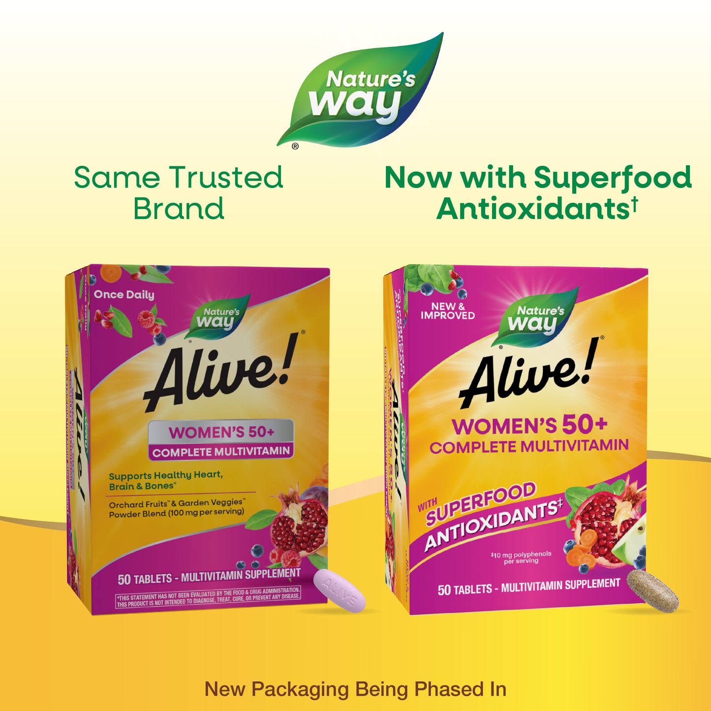 <{%MAIN8_13662%}>Nature's Way® | Alive! Women's 50+ Complete Multivitamin - package updates old to new
