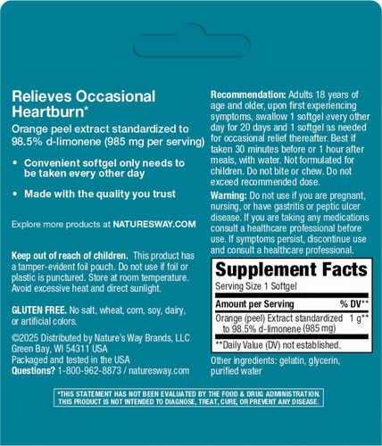 Nature's Way® | Heartburn Free! Orange Peel Extract - back of pack Sku:09110