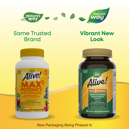 Nature's Way® | Alive! Max3 Potency Adult Complete Multivitamin-No Added Iron - package updates old to new Sku:14932