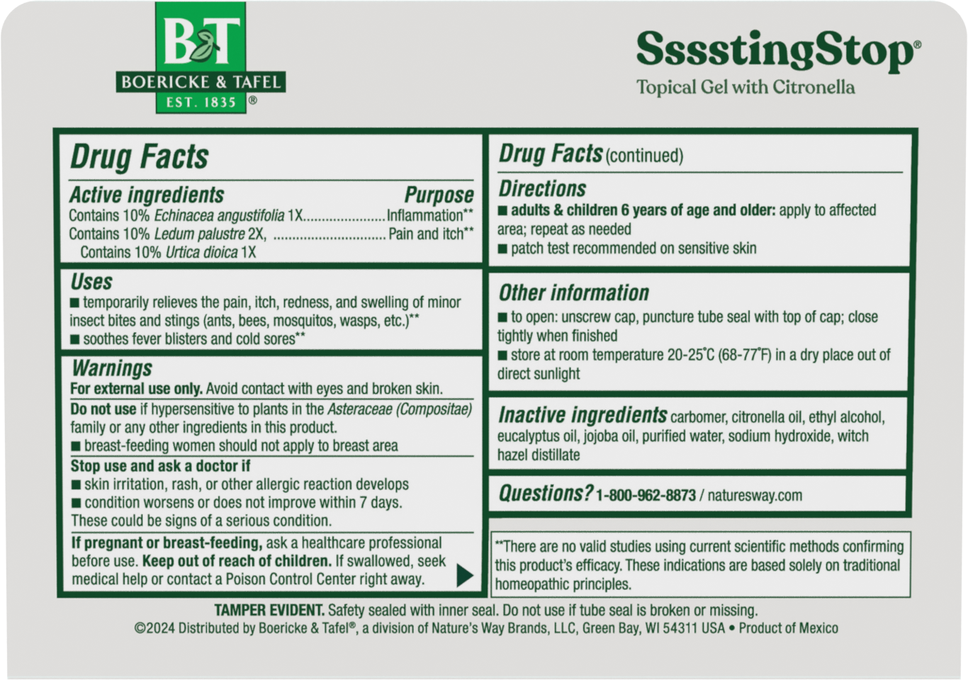 <{%MAIN2_21825390%}>Nature's Way® | Boericke & Tafel Ssssting Stop Gel - back of pack