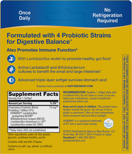 Nature's Way® | Primadophilus Reuteri Pearls Probiotics - back of pack Sku:15752