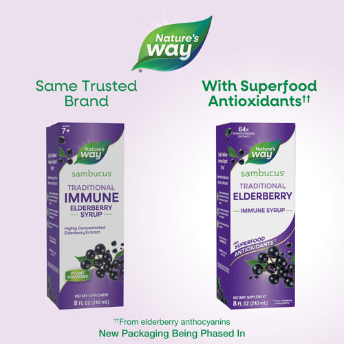 Nature's Way® | Sambucus Traditional Elderberry Immune Syrup - package updates old to new Sku:15332