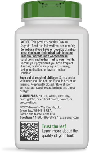 Nature's Way® | Cascara Sagrada - back of pack Sku:11308
