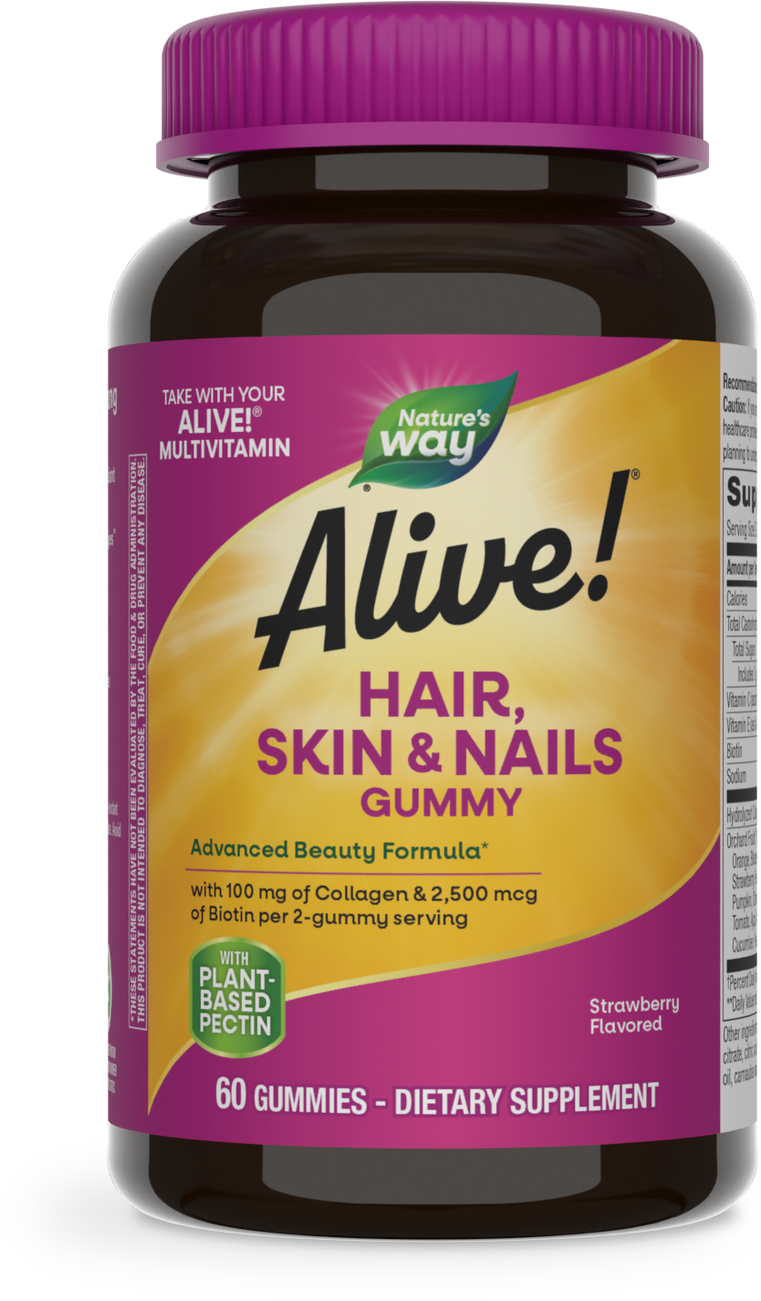 <{%PRIMARY_11534%}>Nature's Way® | Alive! Hair, Skin & Nails Gummies, 60 gummies, Strawberry