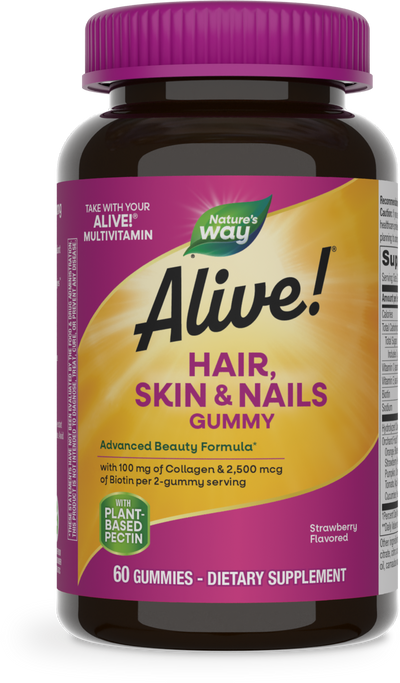 <{%PRIMARY_11534%}>Nature's Way® | Alive! Hair, Skin & Nails Gummies, 60 gummies, Strawberry