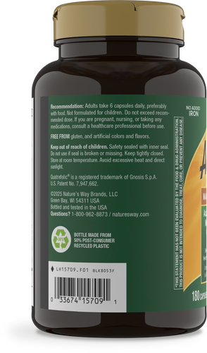 Nature's Way® | Alive! Max6 Potency Adult Complete Multivitamin-No Added Iron - left side of pack Sku:15709